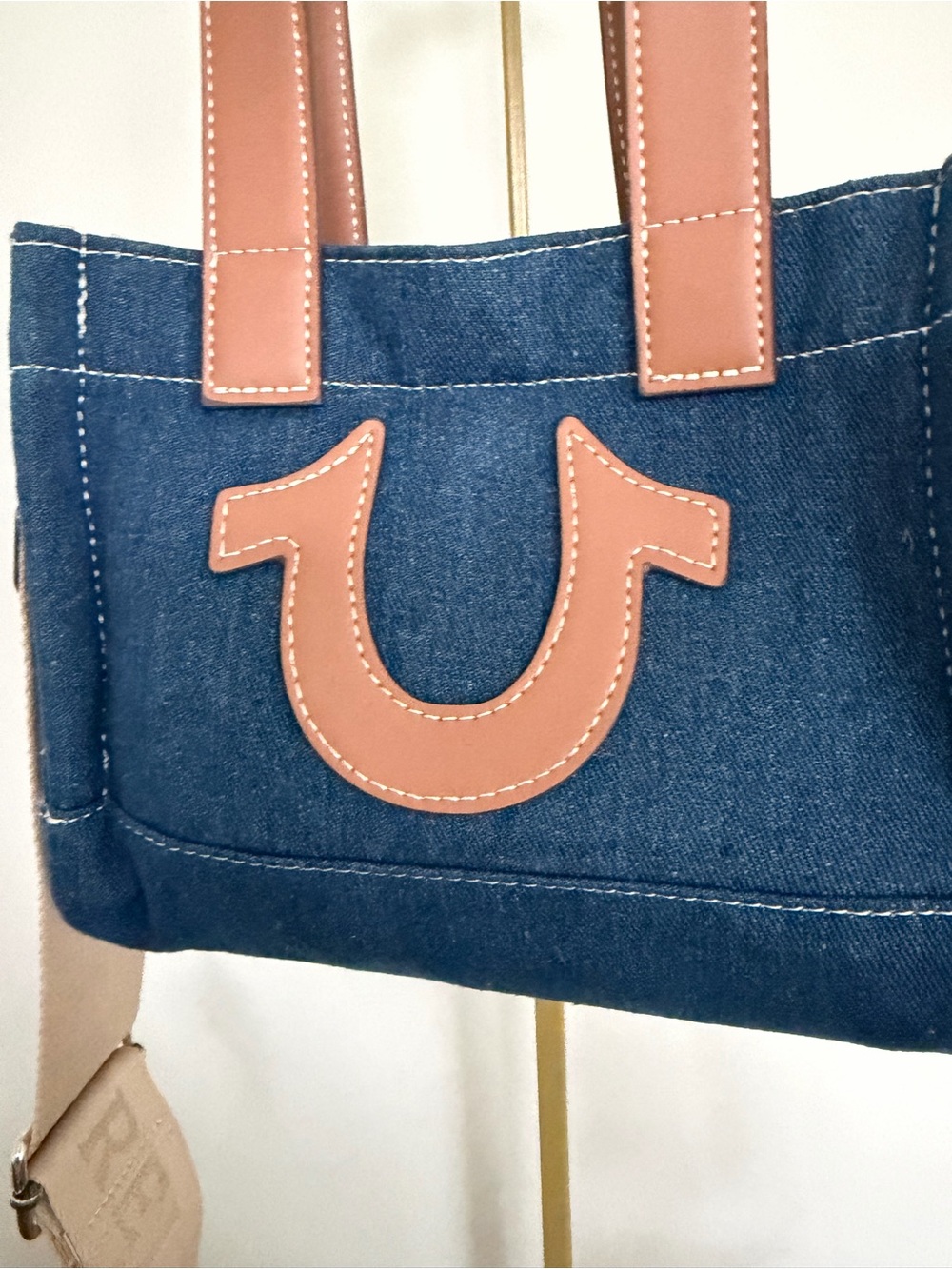 True Religion Denim Mini Tote Crossbody Bag Horseshoe Logo Y2K Blue Tan - Picture 2 of 8